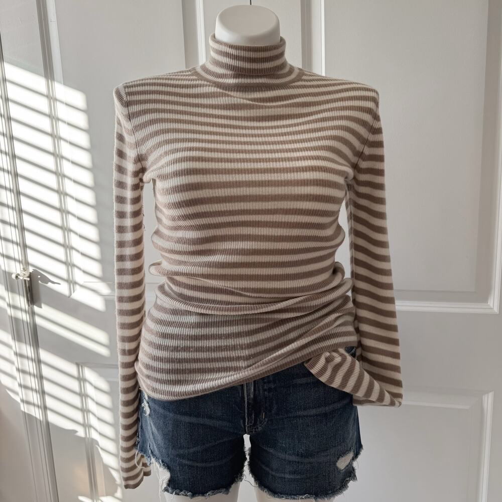Vince Beige Tan White Striped Cashmere Long Sleeve Turtleneck Sweater Size Large